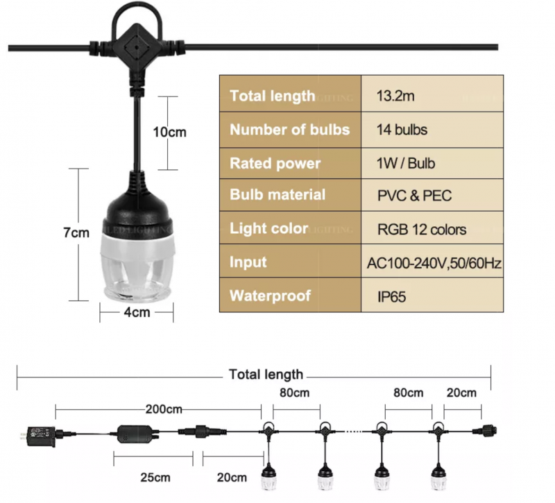 Ghirlanda luminoasa Smart RGB, 14 becuri led suspendate, 12 culori, 13.2m, 14W, IP65, telecomanda, sau control din aplicatie cu telefonul mobil - imagine 11